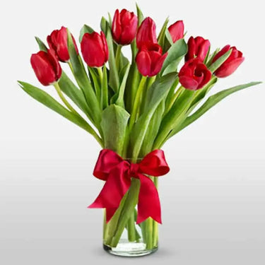 Love Bloom, 11 Red Tulips, Cylinder Vase, Red Ribbon Bow